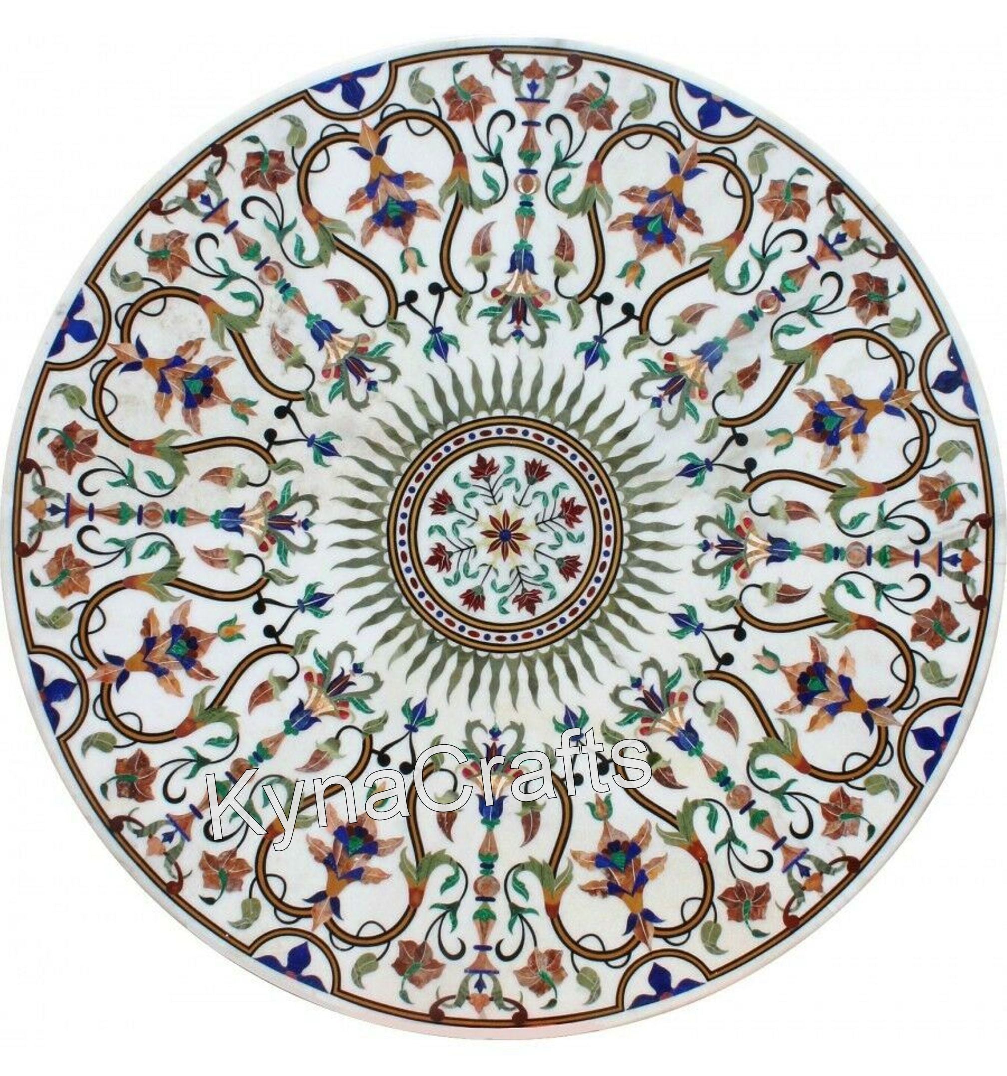 Round Table Top, Marble Inlay Table Top, White Table Top