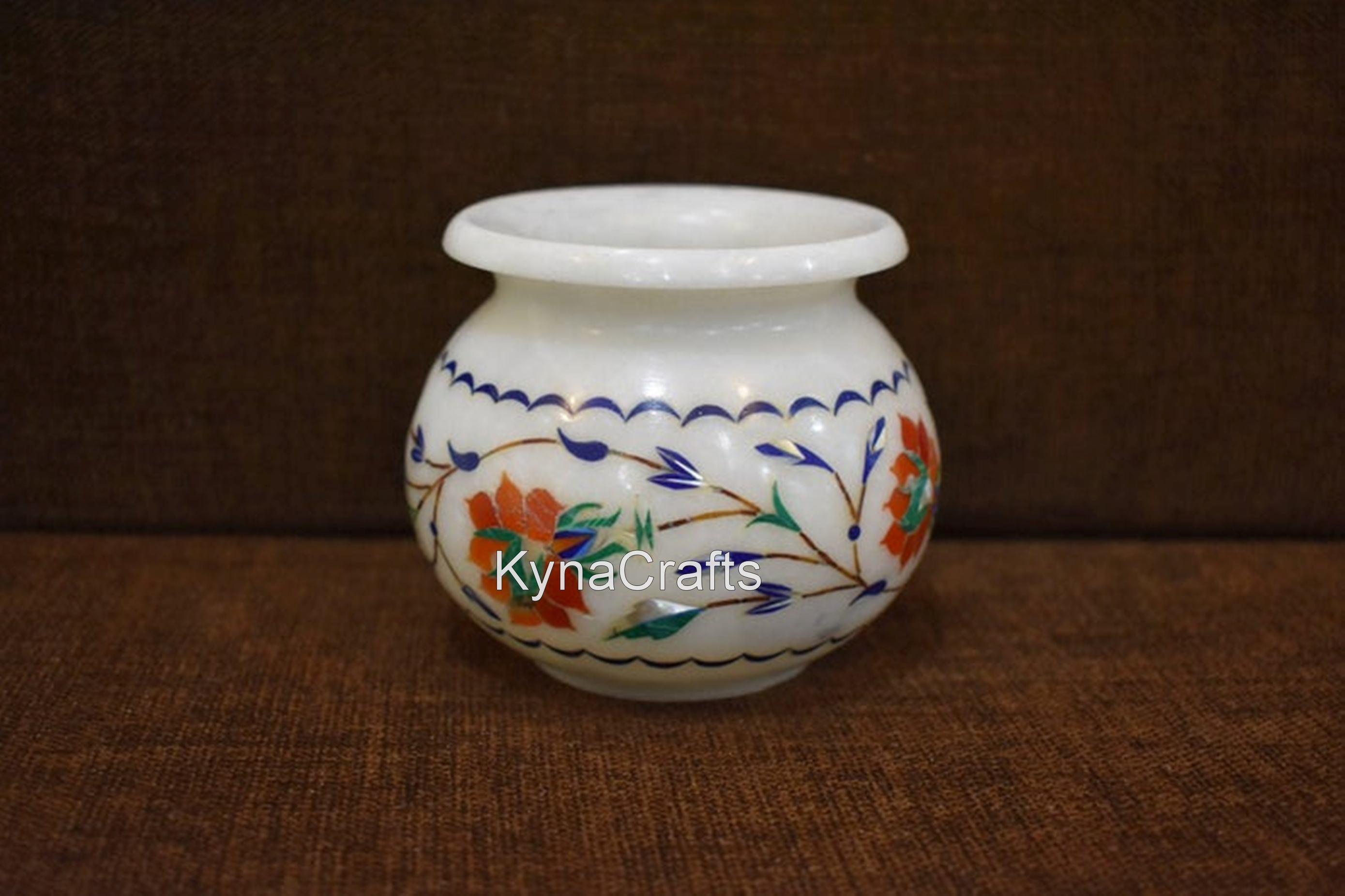 Semi Precious Stone Vase , White Marble Flower Pot 