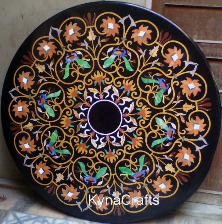 Peacock Design Table Top, Round Table Top, Black Table Top