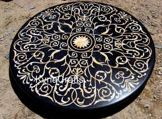 Pietra Dura Art Living Room Table for Hotel Furniture Decor Round Black Marble Dining Table Top with Luxurious Look