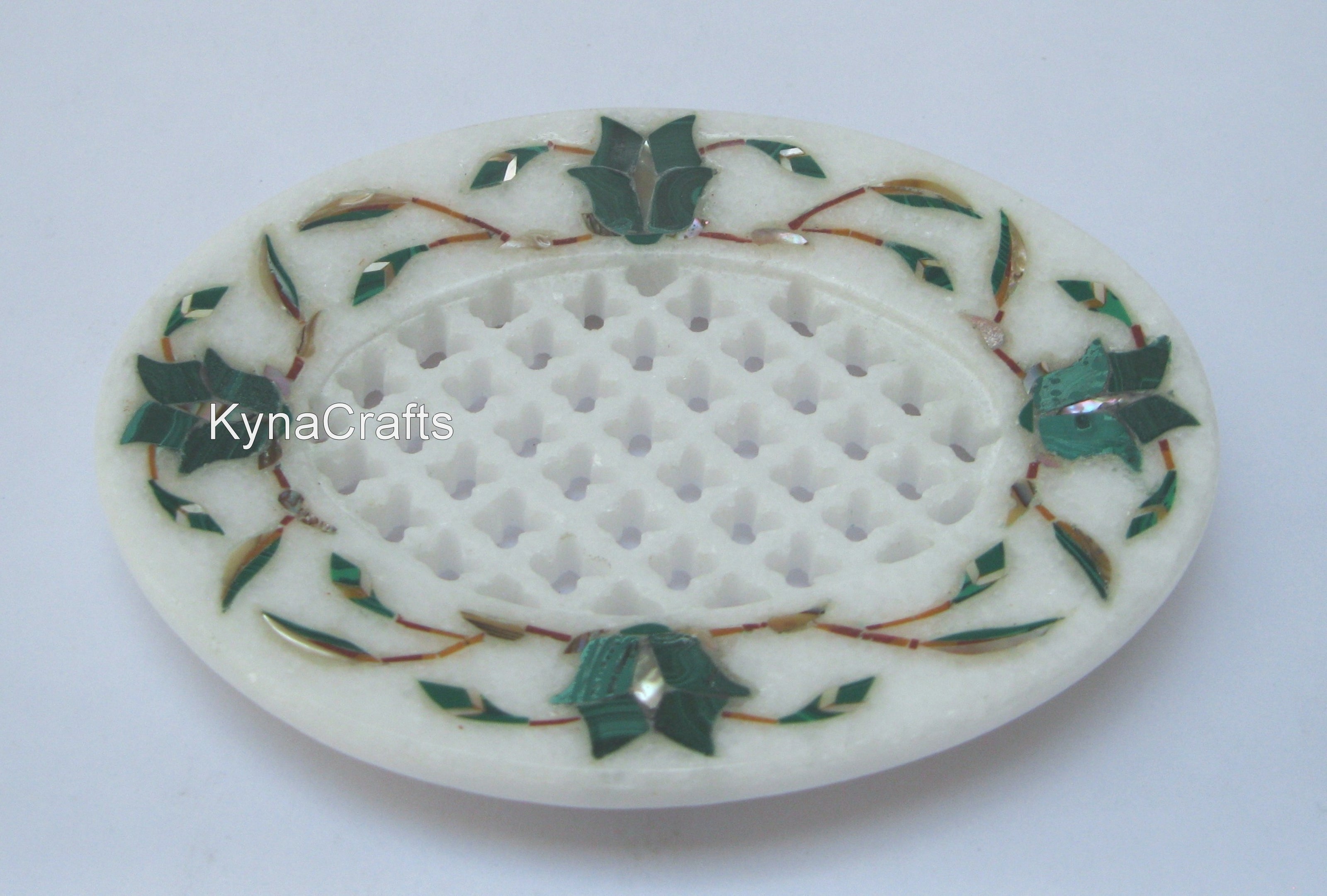 Oval Shape White Marble Soap Dish Stylish Look Malachite Stone Inlay Work Nail Clipper for Dressing Table Decor 4.5 x 3.5 Inches