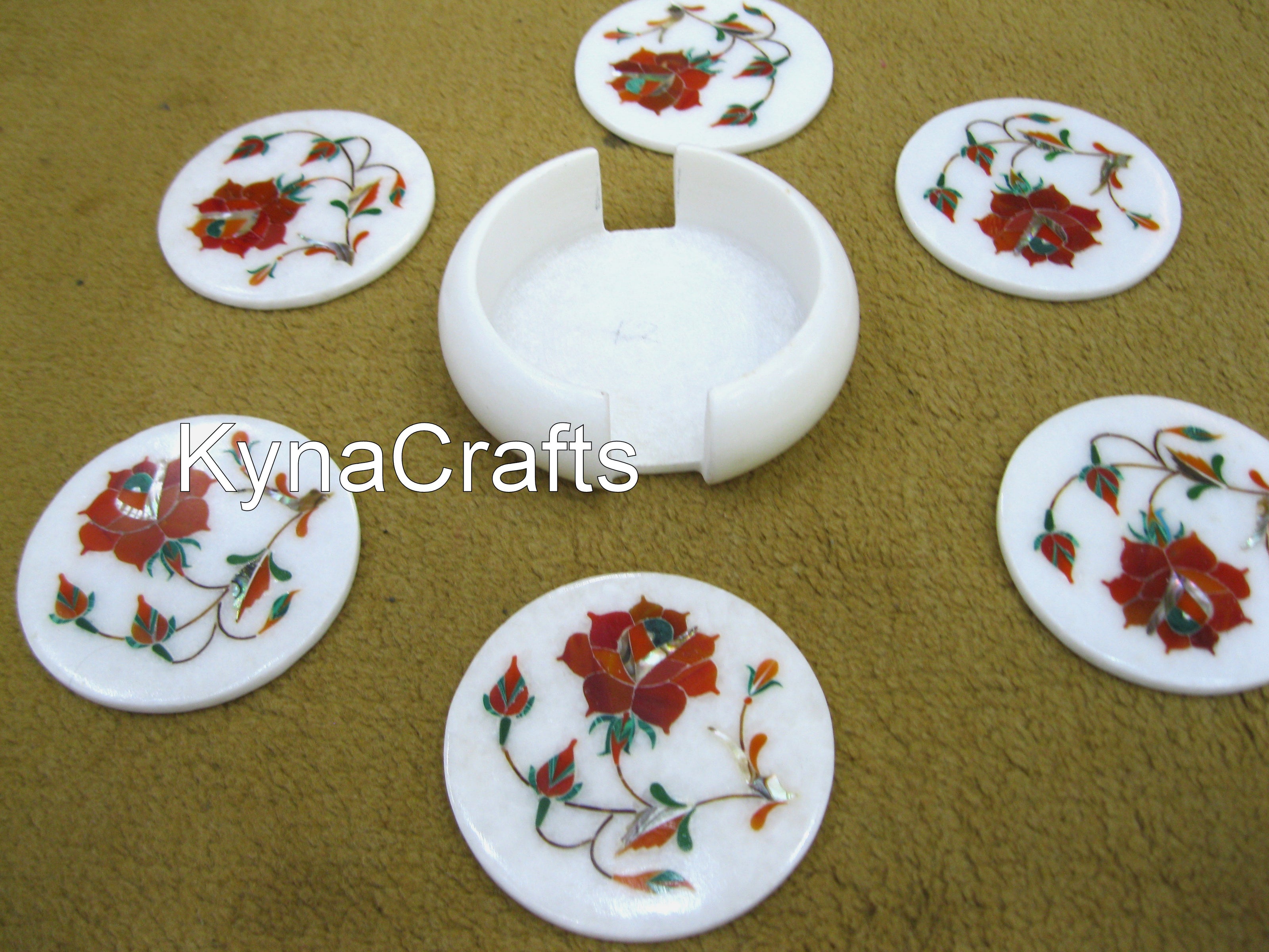 4.5 Inches Round Marble Tea Coaster Set Carnelian Stone Inlay Work Designer Coaster Set for Dining Table Decor