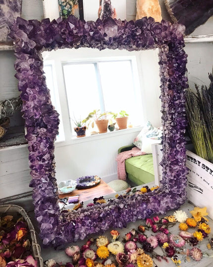 Amethyst Crystal Mirror , Handmade Glass 