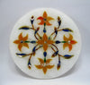 Gemstone Inlay Work Cup Coaster Set for Dining Table Decor Round Shape White Marble Tea Coaster Set 4.5 Inches