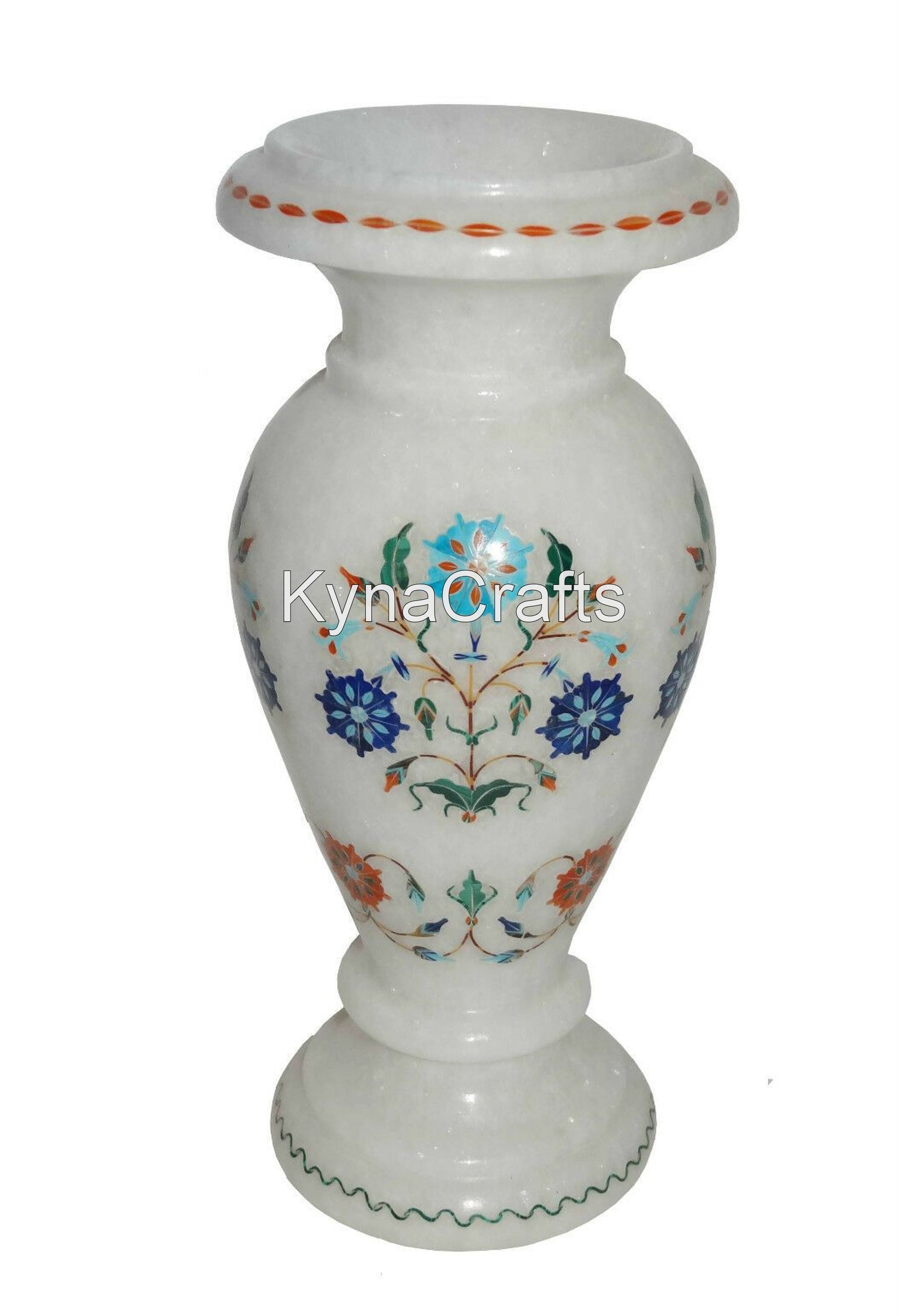 7 Inches Marble Flower Pot Semi Precious Stone Inlay Office Plant Pot with Royal Look