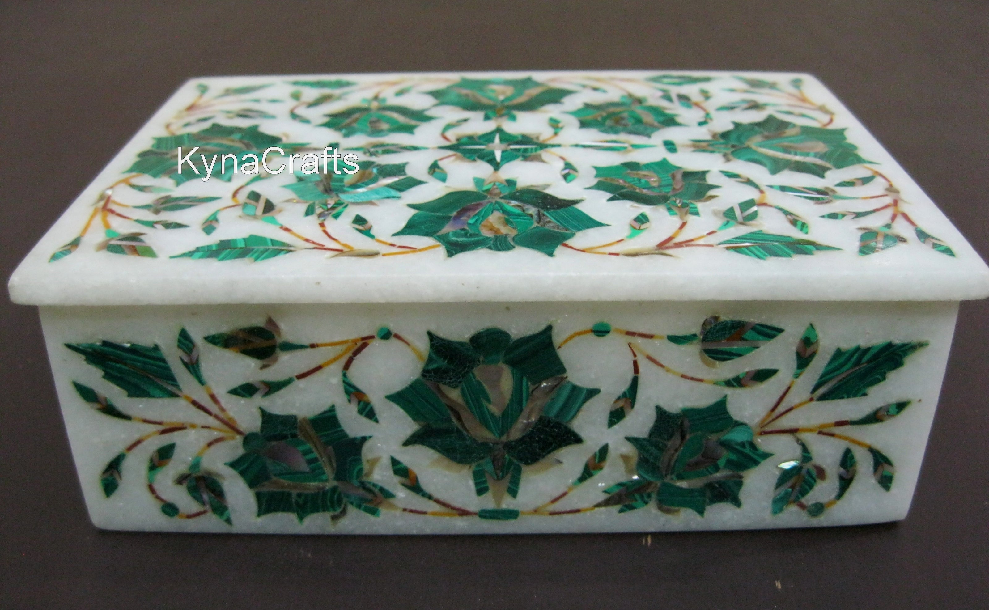 Malachite Stone Inlay Work Cuff Link Box with Luxurious Look Rectangle Shape White Marble Jewelry Box 6 x 4 Inches