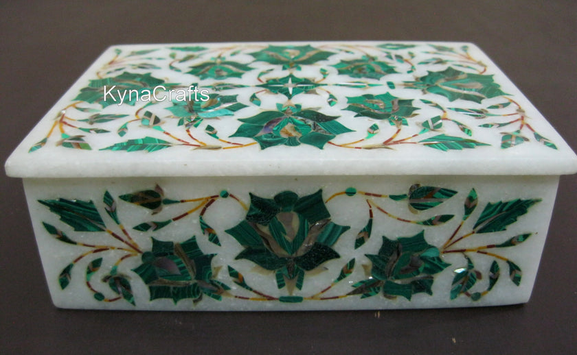 Malachite Stone Inlay Work Cuff Link Box with Luxurious Look Rectangle Shape White Marble Jewelry Box 6 x 4 Inches