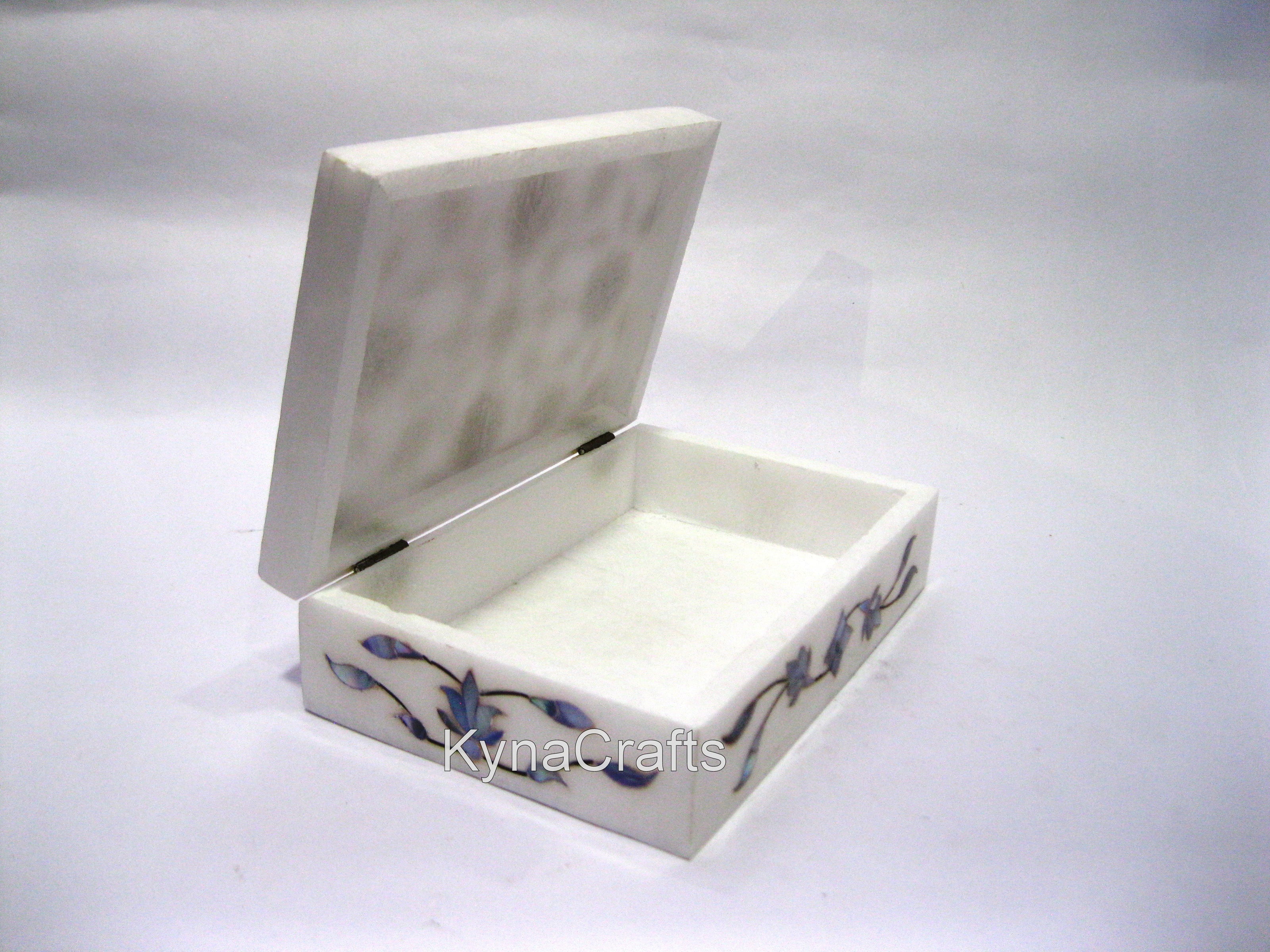 6 x 4 Inches Accessories Box Blue Mother of Pearl Inlay Work Rectangle Shape White Marble Jewelry Box