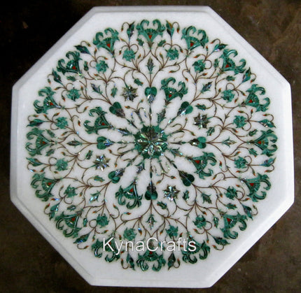 Octagon Marble Coffee Table Top with Smart Look 15 x 15 Inches Malachite and Abalone Shell Inlay Work Corner Table Top