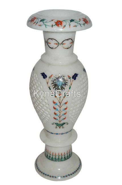 10 Inches Marble Flower Pot Beautiful Look Gemstone Inlay Work Potted Plant Pot for Home and Office