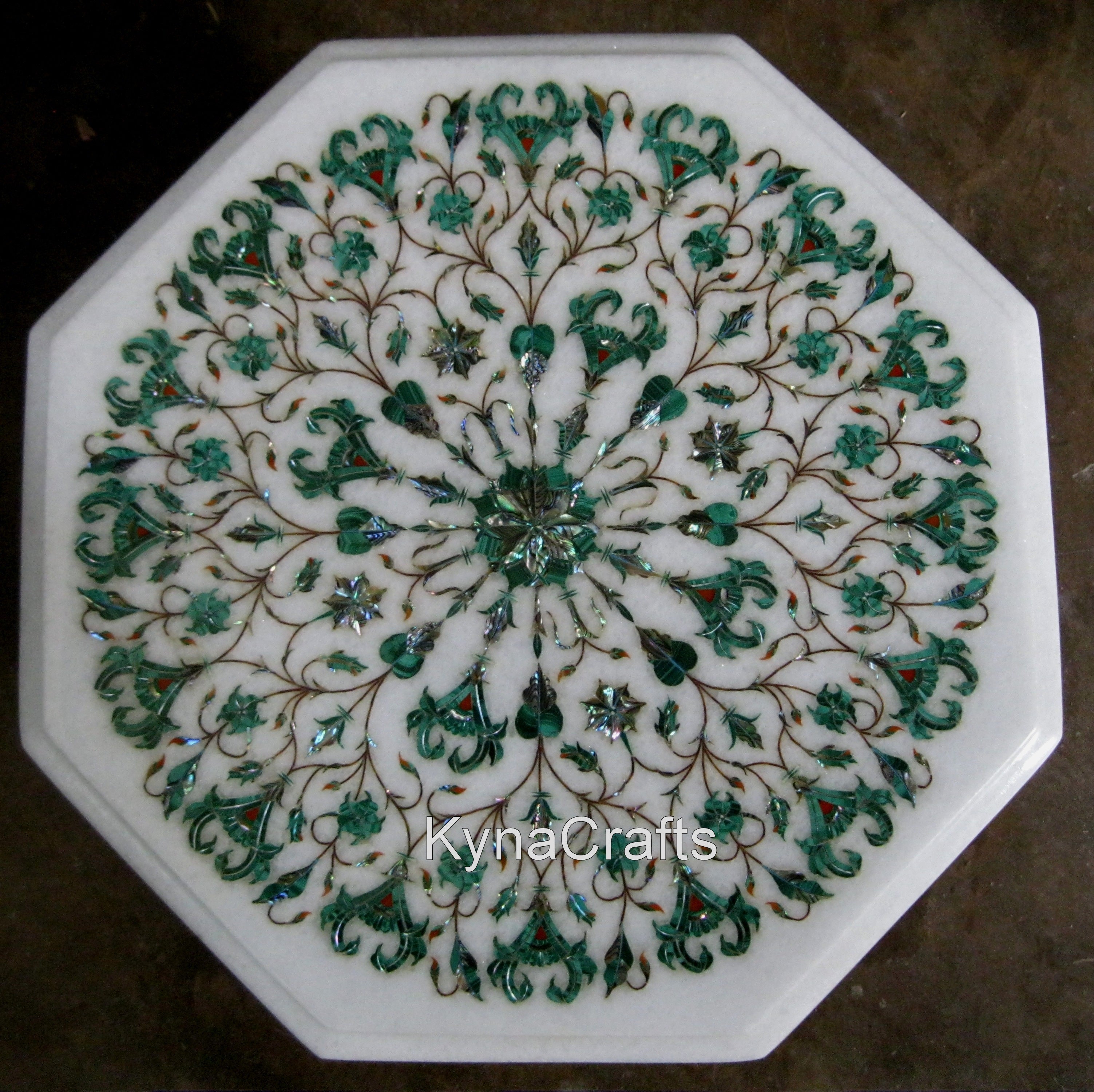 Octagon Marble Coffee Table Top with Smart Look 15 x 15 Inches Malachite and Abalone Shell Inlay Work Corner Table Top