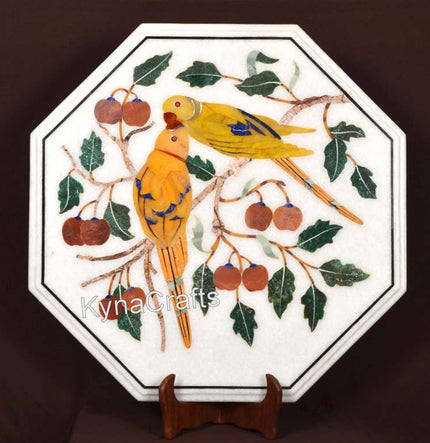 Bird Pattern Inlay Work Study Table for Drawing Room Decor Octagon Marble Coffee Table Top