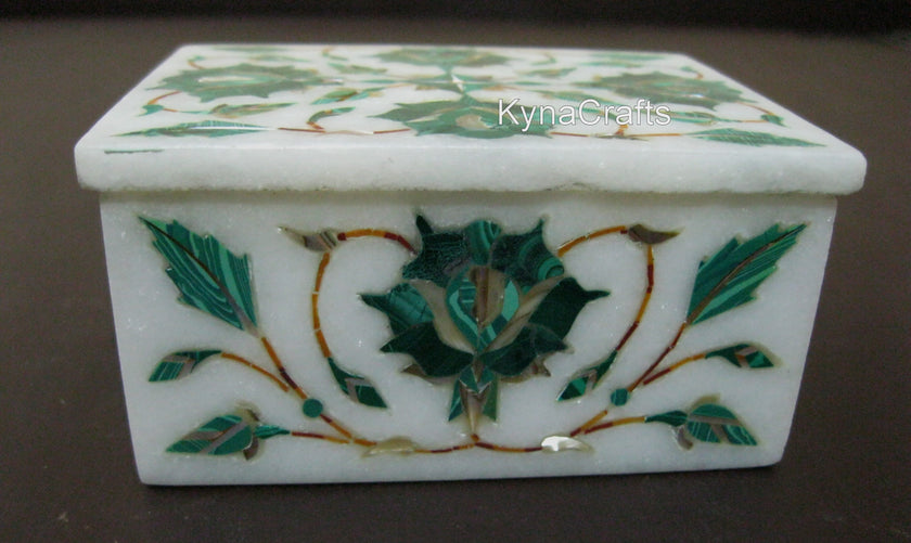 Malachite Accessories Box with Inlay Work Rectangle Shape White Marble Jewelry Box for Bedside Table Decor  4 x 3 Inches
