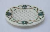 Oval Shape White Marble Soap Dish Stylish Look Malachite Stone Inlay Work Nail Clipper for Dressing Table Decor 4.5 x 3.5 Inches