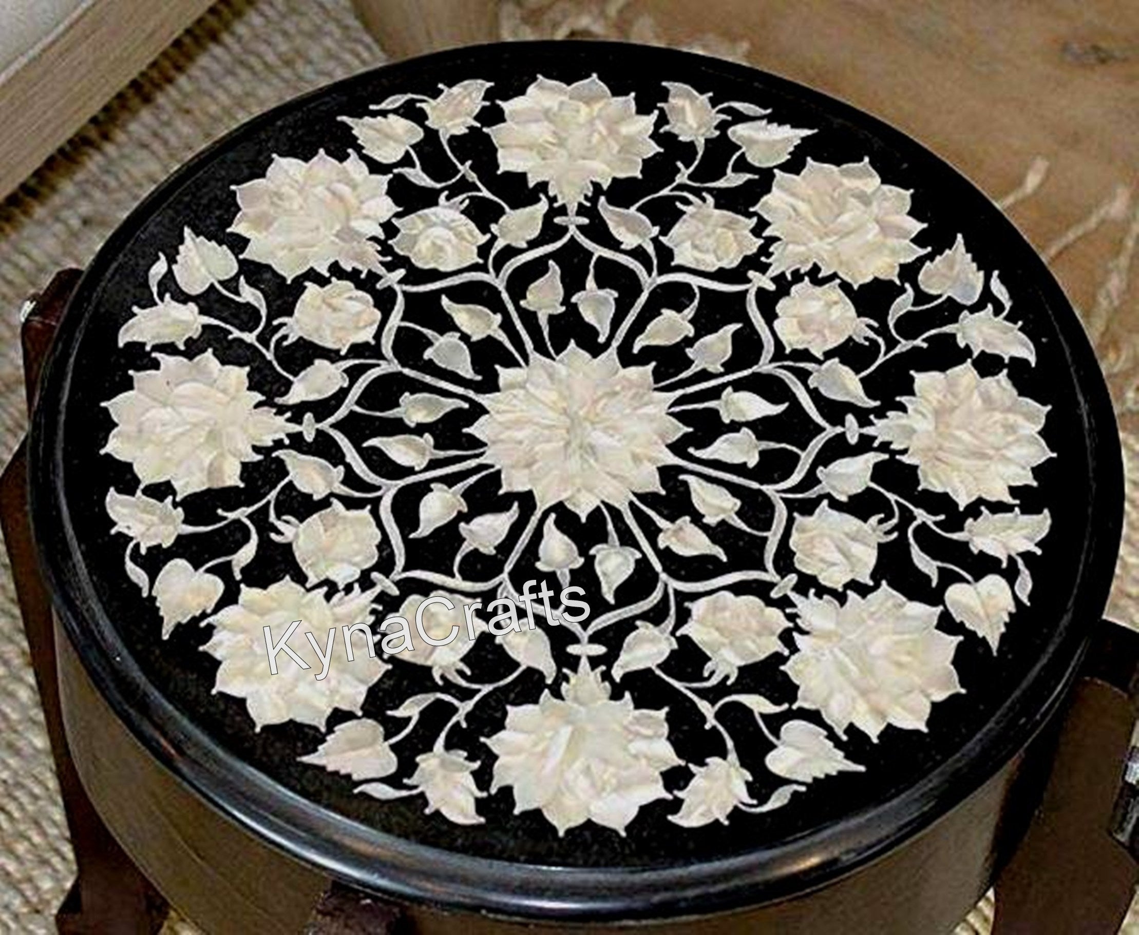 Round Table Top, Black Table Top, Floral Art Table Top