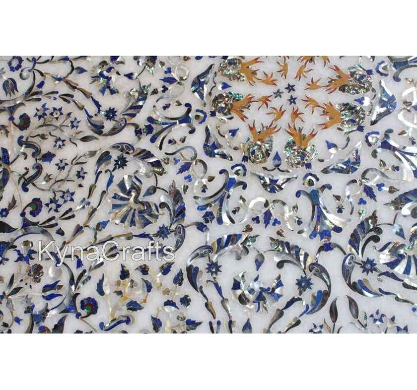 Round White Marble Patio Dining Table Top with Sassy Look Lapis Lazuli Stone Inlay Work Office Meeting Table